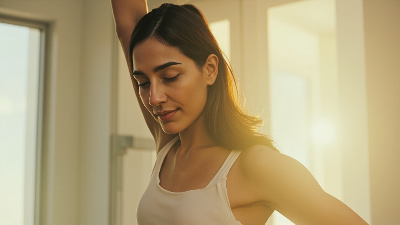 Dara Jane stretching near a desk